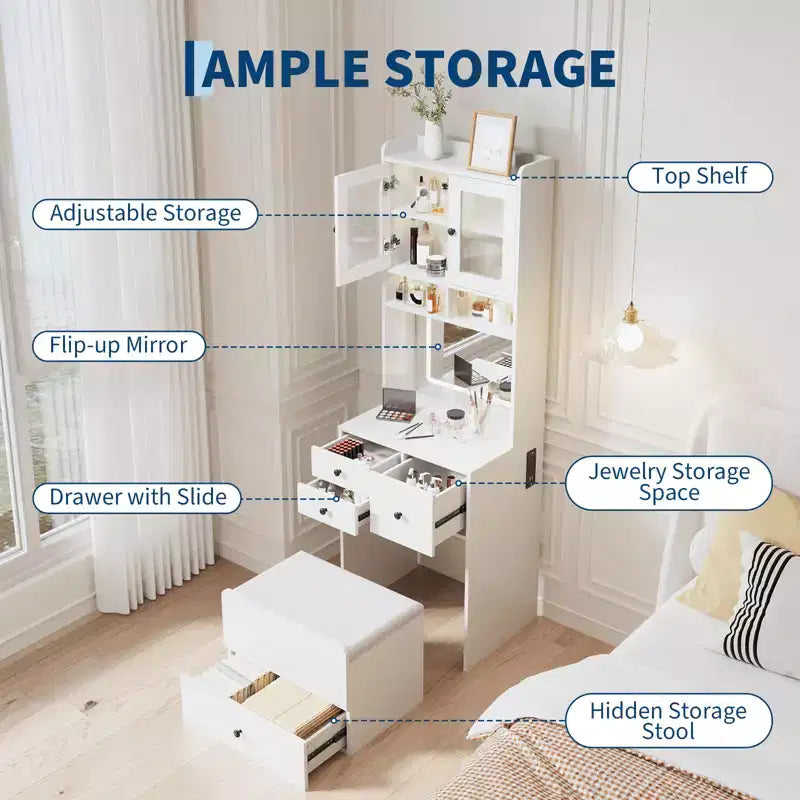 Coiffeuse 3-en-1, Meuble-coiffeuse haut, 4 tiroirs, Compartiment de rangement, Portes en acrylique, pour Chambre à coucher, Maison