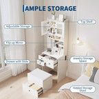 Coiffeuse 3-en-1, Meuble-coiffeuse haut, 4 tiroirs, Compartiment de rangement, Portes en acrylique, pour Chambre à coucher, Maison