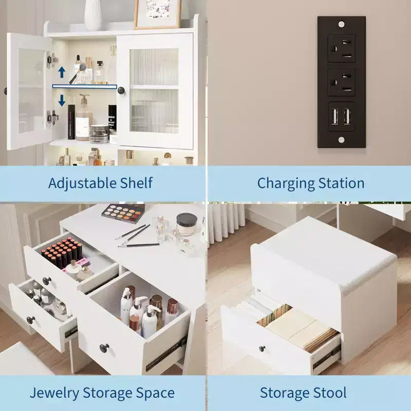 Coiffeuse 3-en-1, Meuble-coiffeuse haut, 4 tiroirs, Compartiment de rangement, Portes en acrylique, pour Chambre à coucher, Maison
