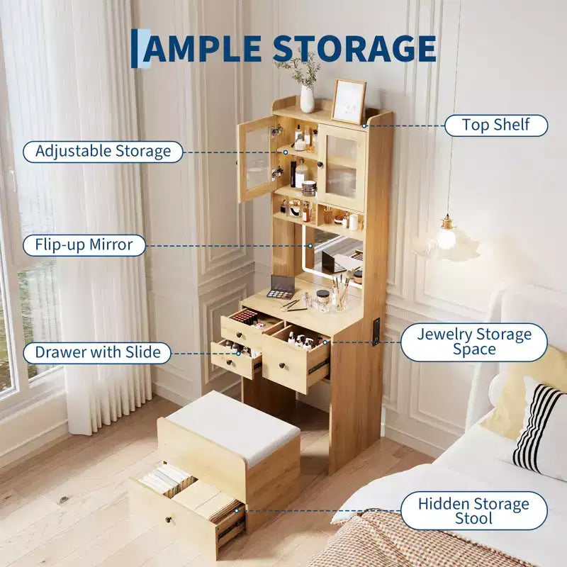 Coiffeuse 3-en-1, Meuble-coiffeuse haut, 4 tiroirs, Compartiment de rangement, Portes en acrylique, pour Chambre à coucher, Maison