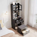 Coiffeuse 3-en-1, Meuble-coiffeuse haut, 4 tiroirs, Compartiment de rangement, Portes en acrylique, pour Chambre à coucher, Maison