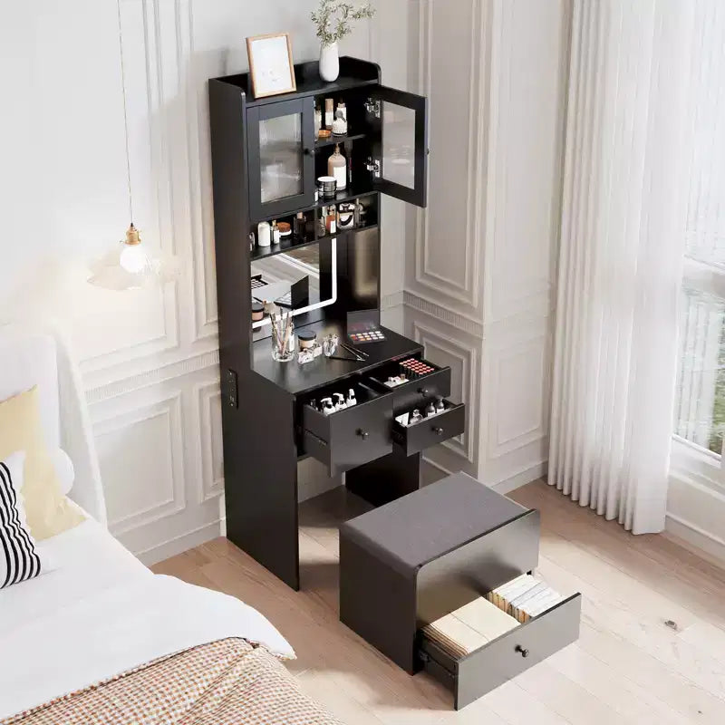Coiffeuse 3-en-1, Meuble-coiffeuse haut, 4 tiroirs, Compartiment de rangement, Portes en acrylique, pour Chambre à coucher, Maison