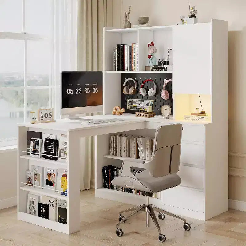MooxvMoo Left L Shaped Wooden Desk w/ Charging Station, LED Lights, Drawers and Bookshelf, Modern Corner Computer Table for Home Office Gaming, White