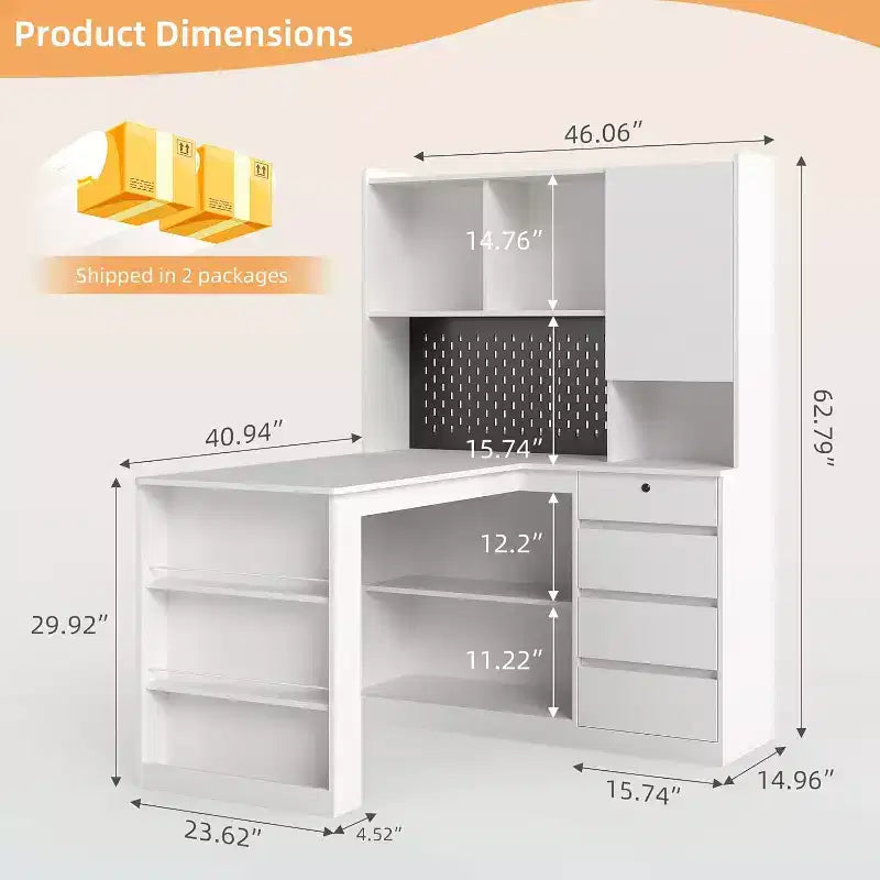 MooxvMoo Bureau d'angle en bois en forme de L avec station de recharge, lumières LED, tiroirs et étagère, table d'ordinateur d'angle moderne pour bureau à domicile et jeux, blanc