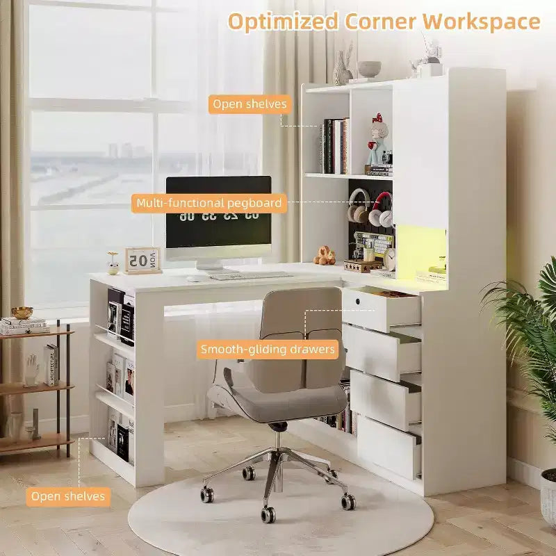 MooxvMoo Bureau d'angle en bois en forme de L avec station de recharge, lumières LED, tiroirs et étagère, table d'ordinateur d'angle moderne pour bureau à domicile et jeux, blanc
