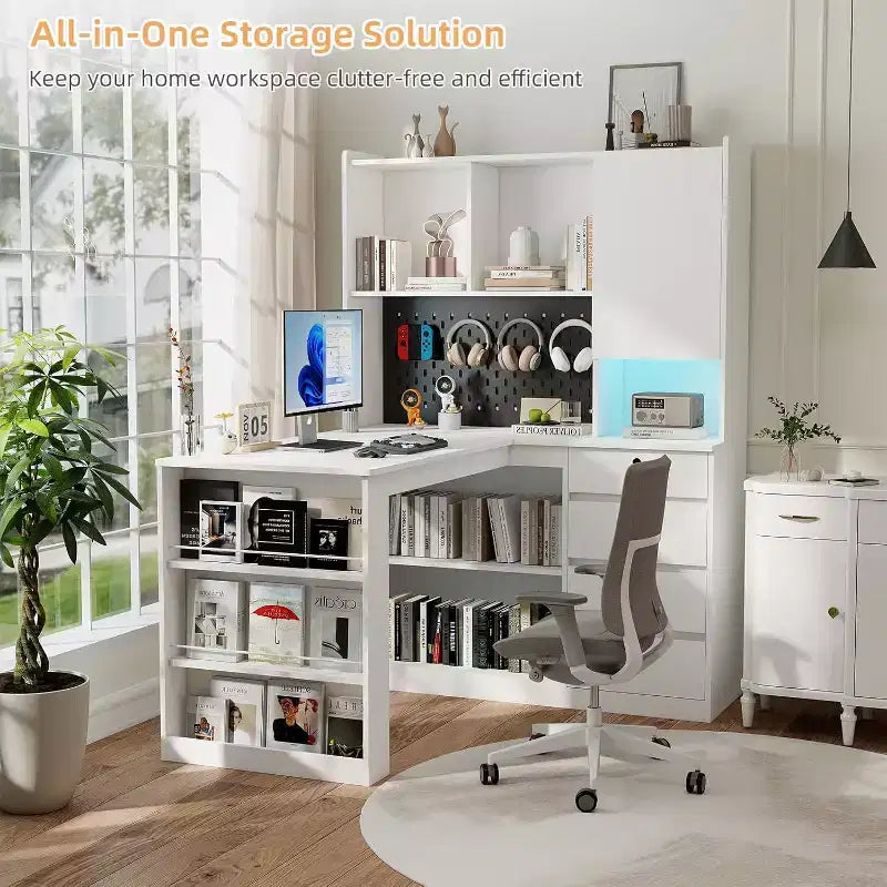 MooxvMoo Bureau d'angle en bois en forme de L avec station de recharge, lumières LED, tiroirs et étagère, table d'ordinateur d'angle moderne pour bureau à domicile et jeux, blanc