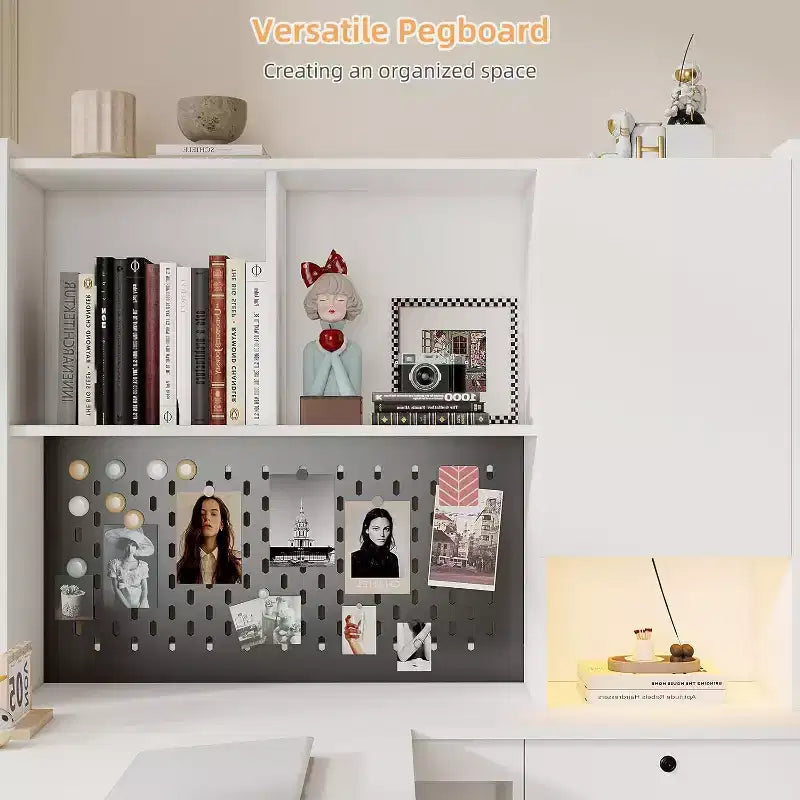 MooxvMoo Bureau d'angle en bois en forme de L avec station de recharge, lumières LED, tiroirs et étagère, table d'ordinateur d'angle moderne pour bureau à domicile et jeux, blanc