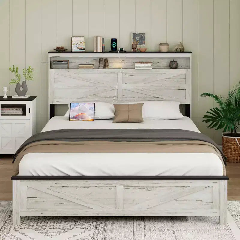 Lit plateforme pleine/grand lit/très grand lit avec LED et station de recharge, cadre de lit plateforme en bois avec rangement caché et tête de lit, blanc antique + gris