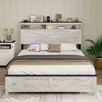 Lit plateforme pleine/grand lit/très grand lit avec LED et station de recharge, cadre de lit plateforme en bois avec rangement caché et tête de lit, blanc antique + gris