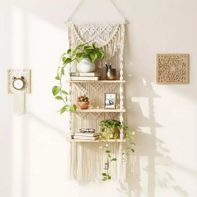 Bekrvio 3-Tier Macrame Wall Hanging Shelf - Boho Style Floating Shelf with Wooden Beads - Wall Organizer for Living Room & Bedroom Decor