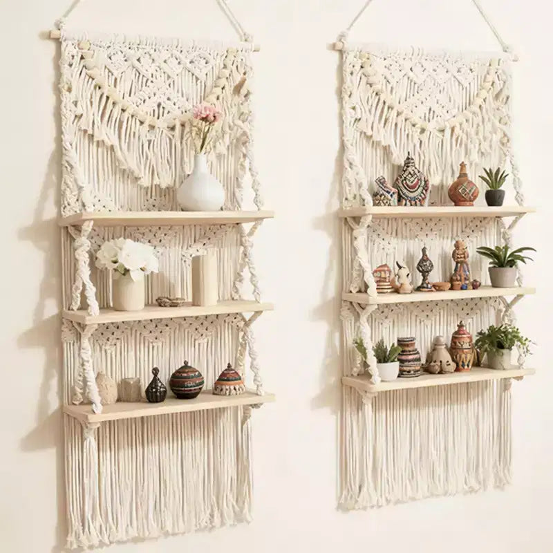 Étagère murale en macramé Bekrvio à 3 niveaux – Étagère flottante de style bohème avec perles en bois – Organisateur mural pour salon et chambre à coucher