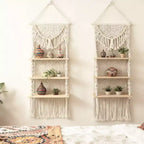 Étagère murale en macramé Bekrvio à 3 niveaux – Étagère flottante de style bohème avec perles en bois – Organisateur mural pour salon et chambre à coucher