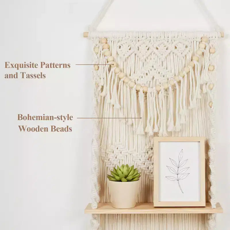 Étagère murale en macramé Bekrvio à 3 niveaux – Étagère flottante de style bohème avec perles en bois – Organisateur mural pour salon et chambre à coucher
