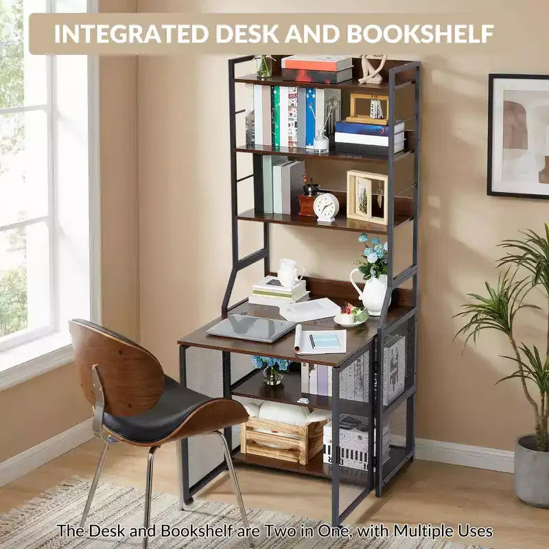 Bureau Bibliothèque 2-en-1 avec Étagères de Rangement, Bureau d'Étude Industriel en Métal et Panneaux de Particules avec Bibliothèque, Bureau Haut de 70 cm