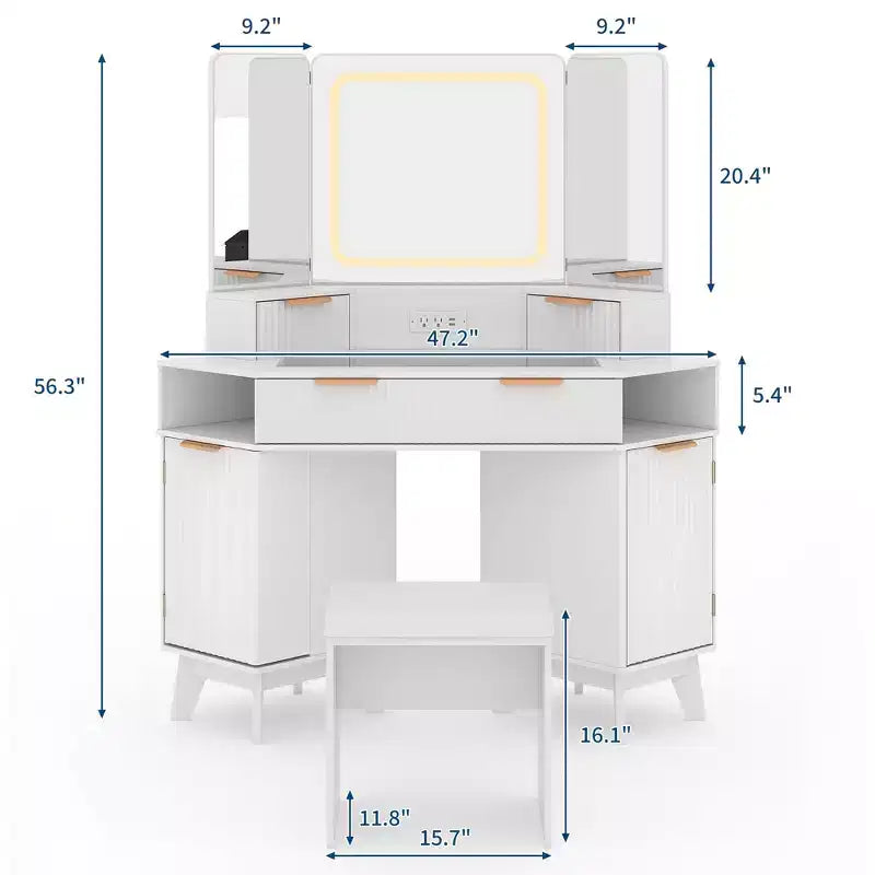 Coiffeuse d'angle, Coiffeuse moderne, Coiffeuse avec façades cannelées, Plateau en verre transparent, pour Salon