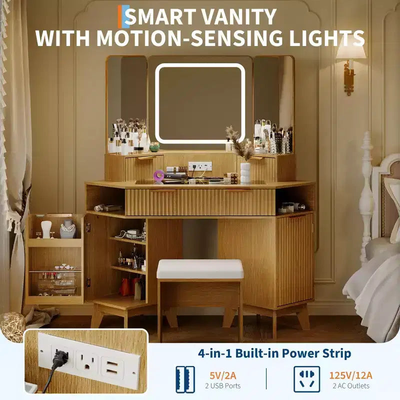 Coiffeuse d'angle, Coiffeuse moderne, Coiffeuse avec façades cannelées, Plateau en verre transparent, pour Salon