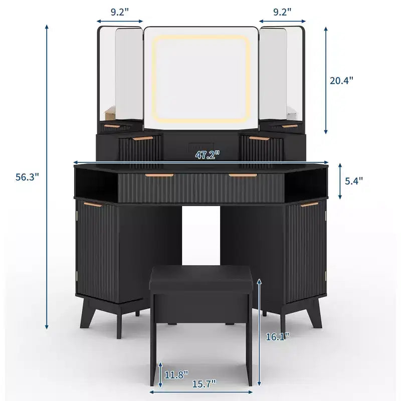 Coiffeuse d'angle, Coiffeuse moderne, Coiffeuse avec façades cannelées, Plateau en verre transparent, pour Salon
