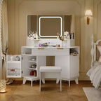 Coiffeuse d'angle, Coiffeuse moderne, Coiffeuse avec façades cannelées, Plateau en verre transparent, pour Salon