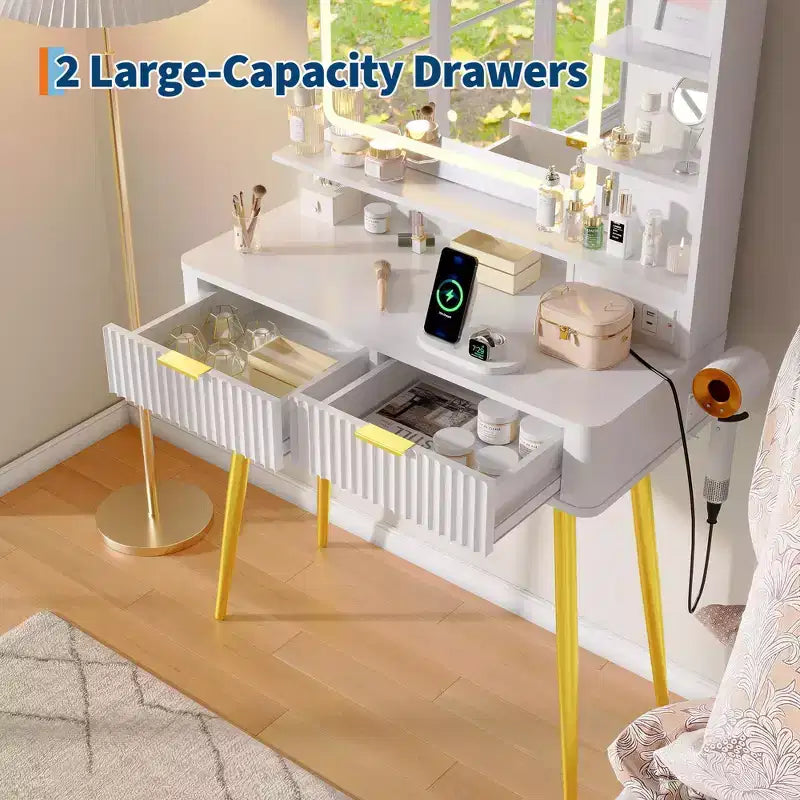 31 coiffeuse à cannelures, coiffeuse moderne du milieu du siècle avec miroir, 2 tiroirs, pour chambre à coucher