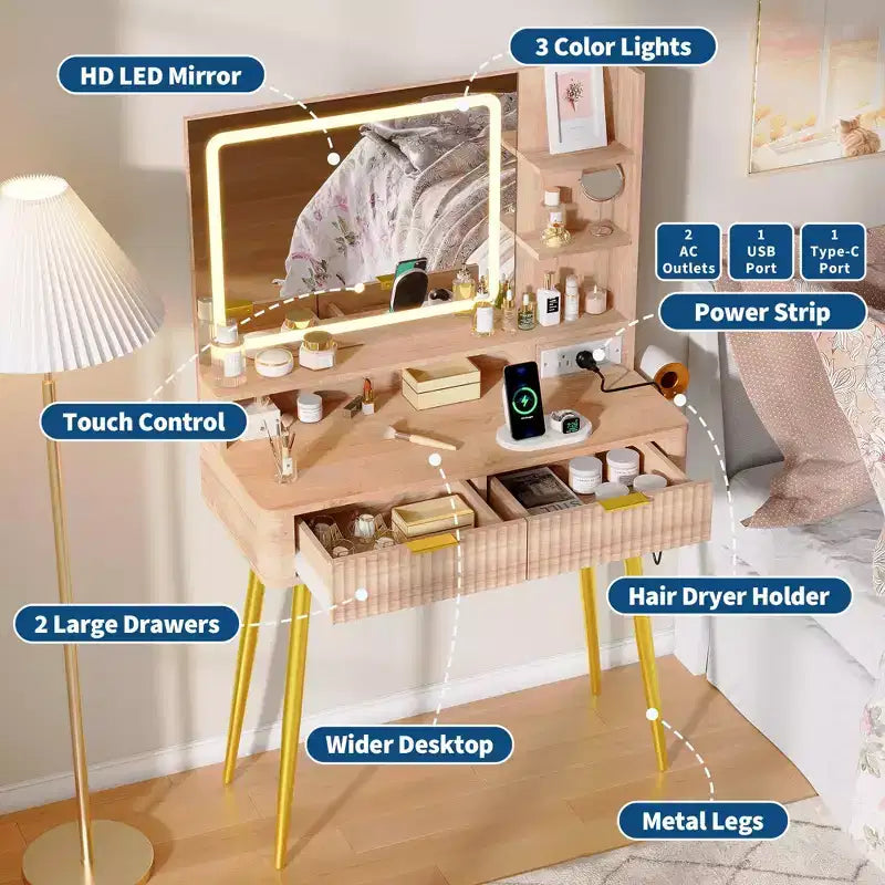 31 coiffeuse à cannelures, coiffeuse moderne du milieu du siècle avec miroir, 2 tiroirs, pour chambre à coucher