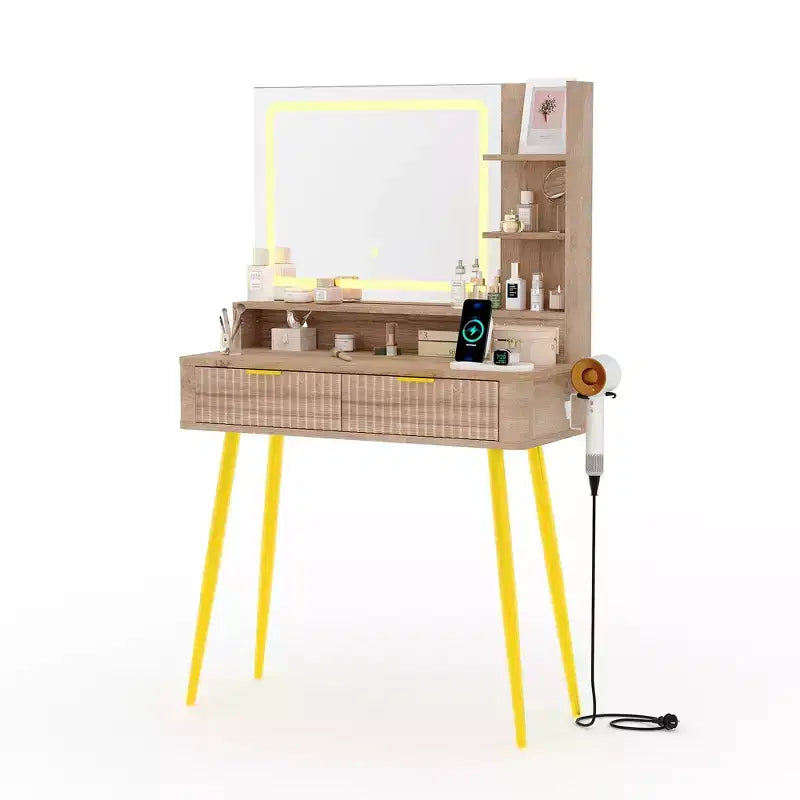 31 coiffeuse à cannelures, coiffeuse moderne du milieu du siècle avec miroir, 2 tiroirs, pour chambre à coucher