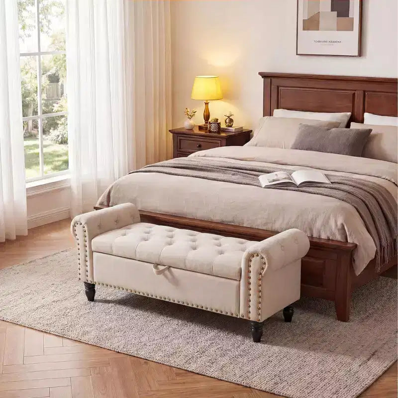 Banc ottoman de rangement de 51 po, banc capitonné de bout de lit avec bras roulés, banc de fenêtre en lin, banc d'entrée avec charnière de sécurité pour chambre à coucher, beige