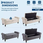 Banc ottoman de rangement de 51 po, banc capitonné de bout de lit avec bras roulés, banc de fenêtre en lin, banc d'entrée avec charnière de sécurité pour chambre à coucher, beige