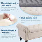 Banc ottoman de rangement de 51 po, banc capitonné de bout de lit avec bras roulés, banc de fenêtre en lin, banc d'entrée avec charnière de sécurité pour chambre à coucher, beige