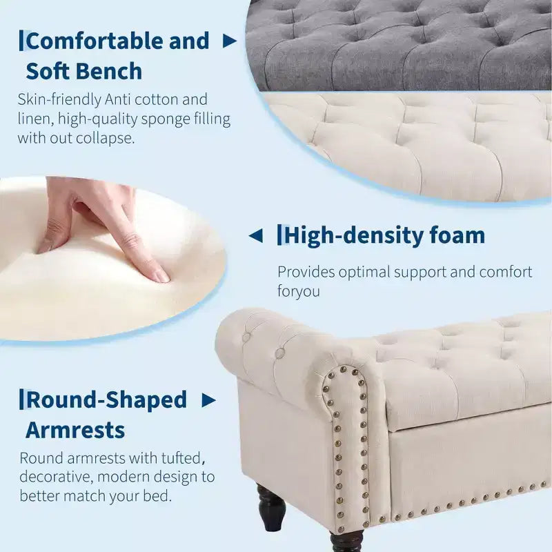 Banc ottoman de rangement de 51 po, banc capitonné de bout de lit avec bras roulés, banc de fenêtre en lin, banc d'entrée avec charnière de sécurité pour chambre à coucher, beige