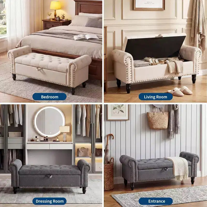 Banc ottoman de rangement de 51 po, banc capitonné de bout de lit avec bras roulés, banc de fenêtre en lin, banc d'entrée avec charnière de sécurité pour chambre à coucher, beige
