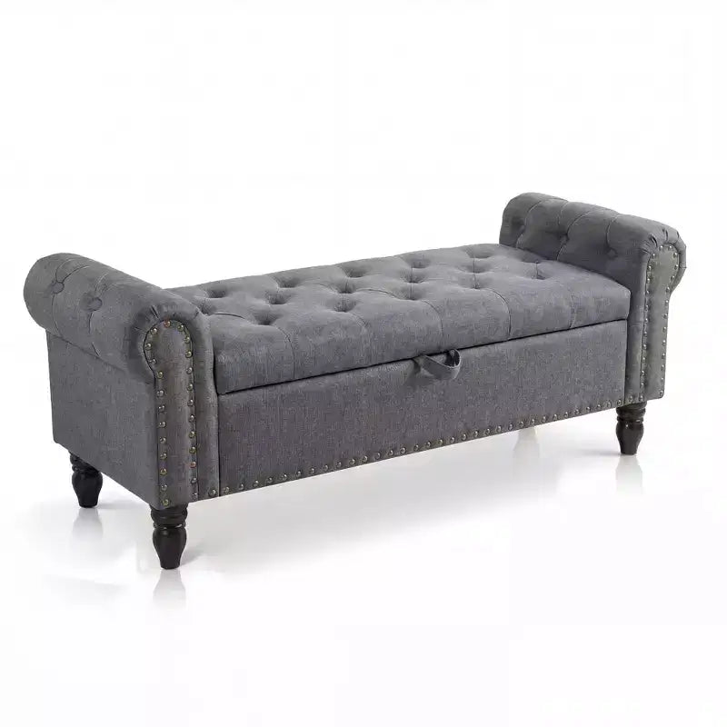 Banc ottoman de rangement de 51 po, banc capitonné de bout de lit avec bras roulés, banc de fenêtre en lin, banc d'entrée avec charnière de sécurité pour chambre à coucher, beige