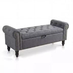Banc ottoman de rangement de 51 po, banc capitonné de bout de lit avec bras roulés, banc de fenêtre en lin, banc d'entrée avec charnière de sécurité pour chambre à coucher, beige