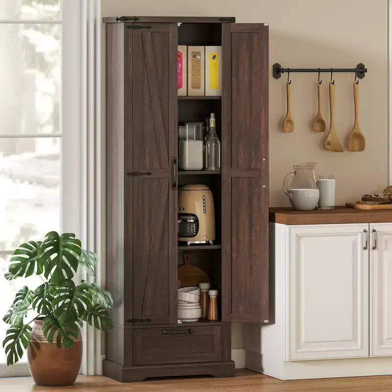 HOMCOM Armoire de cuisine autoportante de 180 cm avec portes de grange, tiroir et étagères réglables pour salle à manger, marron