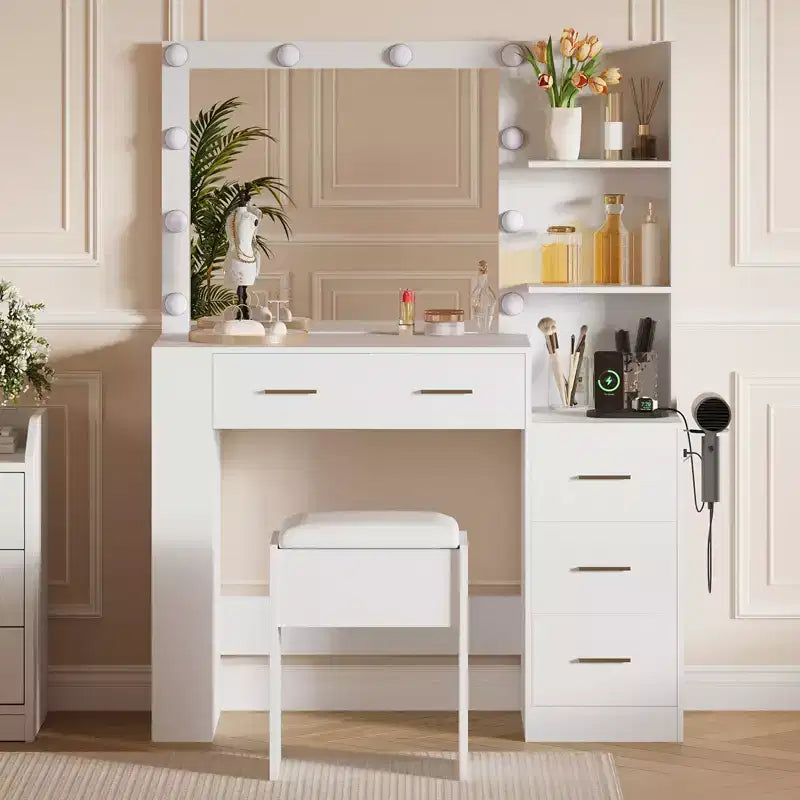 Coiffeuse avec miroir, table de maquillage de 104 cm de large avec 5 tiroirs et étagères de rangement ouvertes, ensemble de coiffeuse avec tabouret rembourré pour chambre.