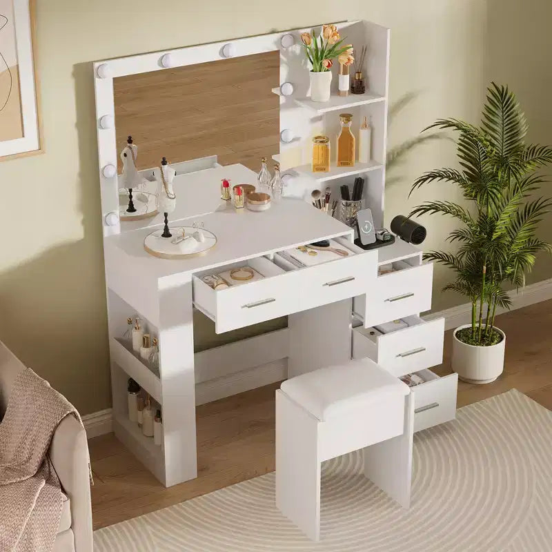 Coiffeuse avec miroir, table de maquillage de 104 cm de large avec 5 tiroirs et étagères de rangement ouvertes, ensemble de coiffeuse avec tabouret rembourré pour chambre.