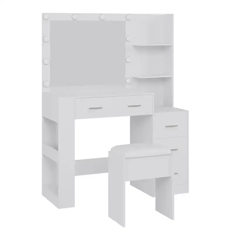 Coiffeuse avec miroir, table de maquillage de 104 cm de large avec 5 tiroirs et étagères de rangement ouvertes, ensemble de coiffeuse avec tabouret rembourré pour chambre.