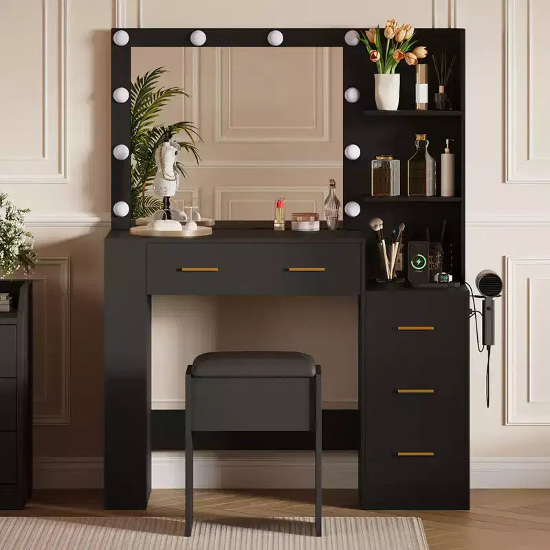 Coiffeuse avec miroir, table de maquillage de 104 cm de large avec 5 tiroirs et étagères de rangement ouvertes, ensemble de coiffeuse avec tabouret rembourré pour chambre.