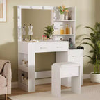 Coiffeuse avec miroir, table de maquillage de 104 cm de large avec 5 tiroirs et étagères de rangement ouvertes, ensemble de coiffeuse avec tabouret rembourré pour chambre.
