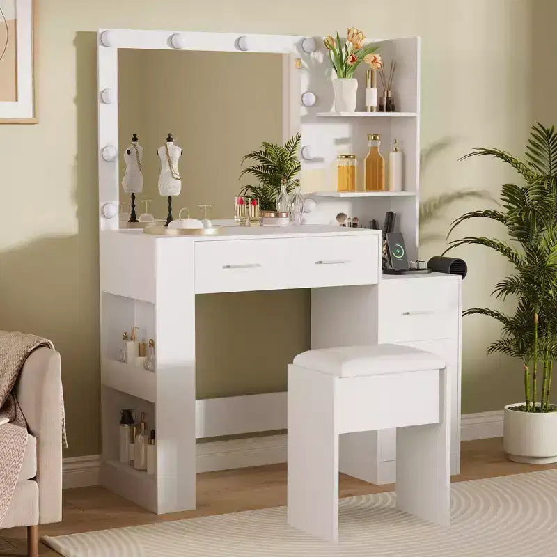 Coiffeuse avec miroir, table de maquillage de 104 cm de large avec 5 tiroirs et étagères de rangement ouvertes, ensemble de coiffeuse avec tabouret rembourré pour chambre.