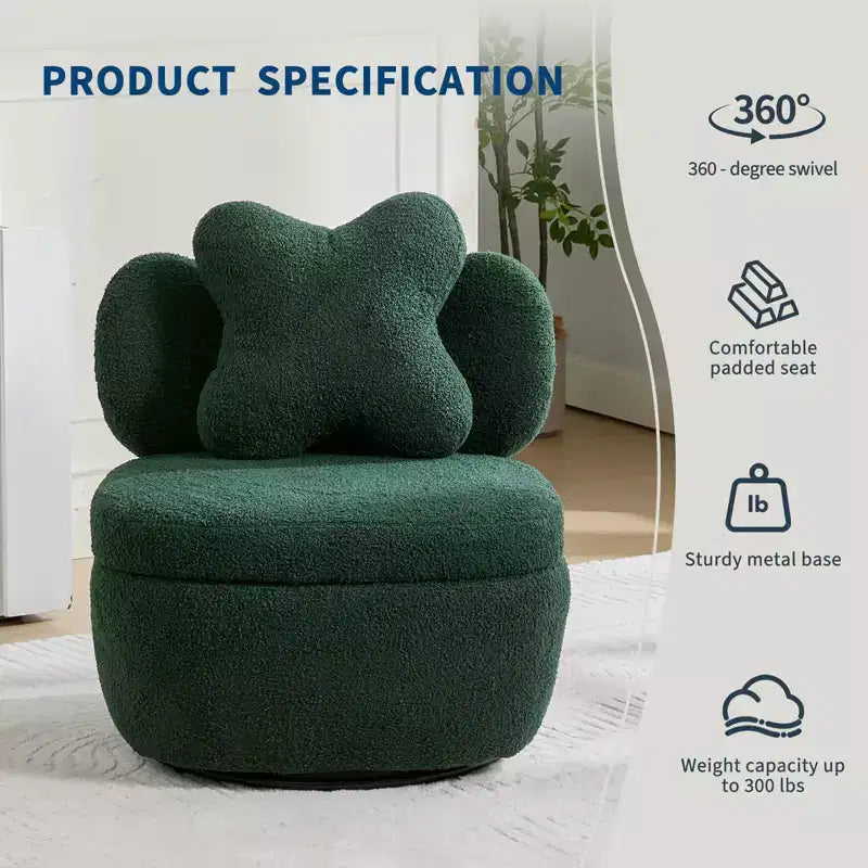 Fauteuil d'appoint pivotant moderne, fauteuil de salon rotatif à 360° en tissu Teddy, fauteuil de lecture rembourré confortable pour salon, chambre, petit espace, vert