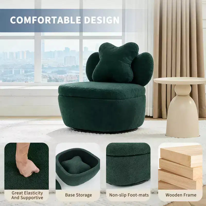 Fauteuil d'appoint pivotant moderne, fauteuil de salon rotatif à 360° en tissu Teddy, fauteuil de lecture rembourré confortable pour salon, chambre, petit espace, vert