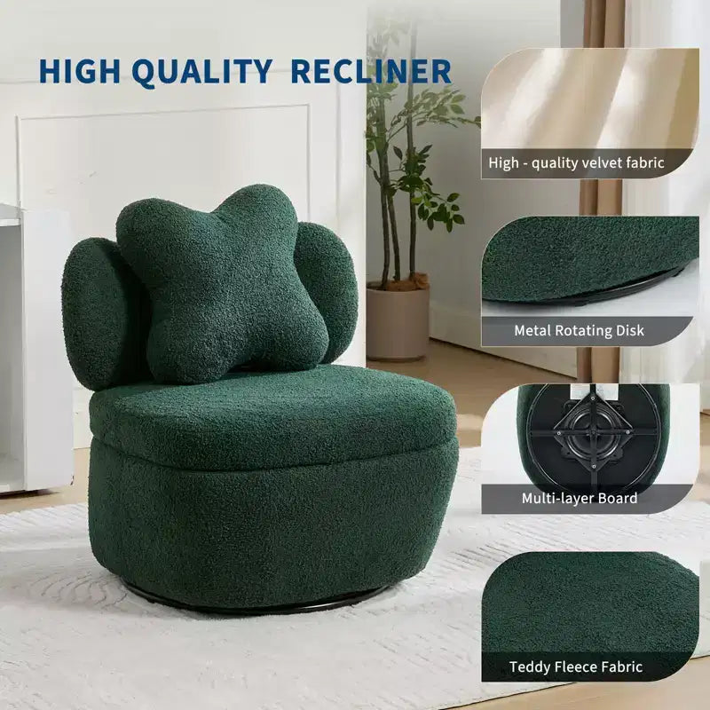 Fauteuil d'appoint pivotant moderne, fauteuil de salon rotatif à 360° en tissu Teddy, fauteuil de lecture rembourré confortable pour salon, chambre, petit espace, vert