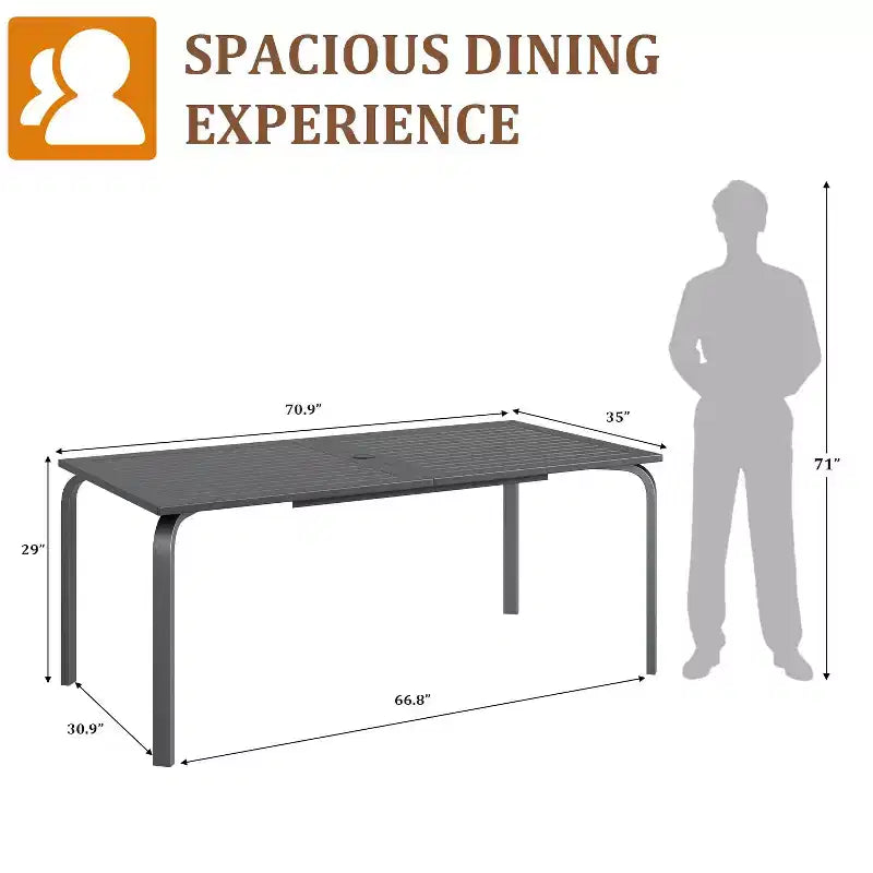 Table à manger moderne de 71 po pour terrasse extérieure avec trou pour parasol, en aluminium de qualité marine, résistante aux intempéries et à la rouille, pour restaurants, arrière-cours, bords de piscine
