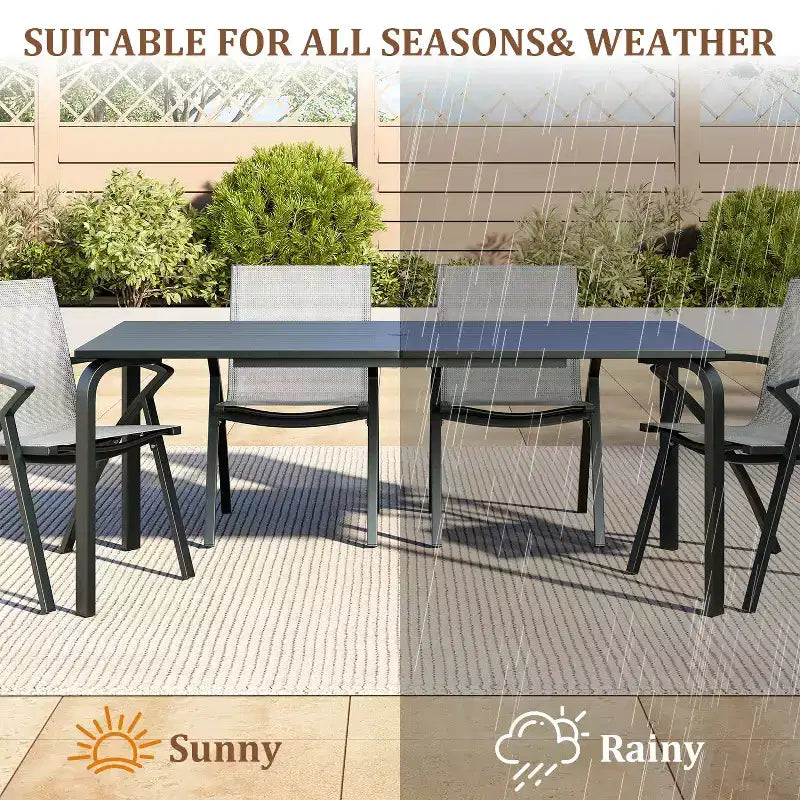 Table à manger moderne de 71 po pour terrasse extérieure avec trou pour parasol, en aluminium de qualité marine, résistante aux intempéries et à la rouille, pour restaurants, arrière-cours, bords de piscine