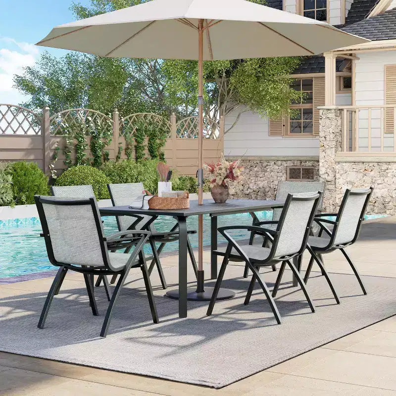 Table à manger moderne de 71 po pour terrasse extérieure avec trou pour parasol, en aluminium de qualité marine, résistante aux intempéries et à la rouille, pour restaurants, arrière-cours, bords de piscine