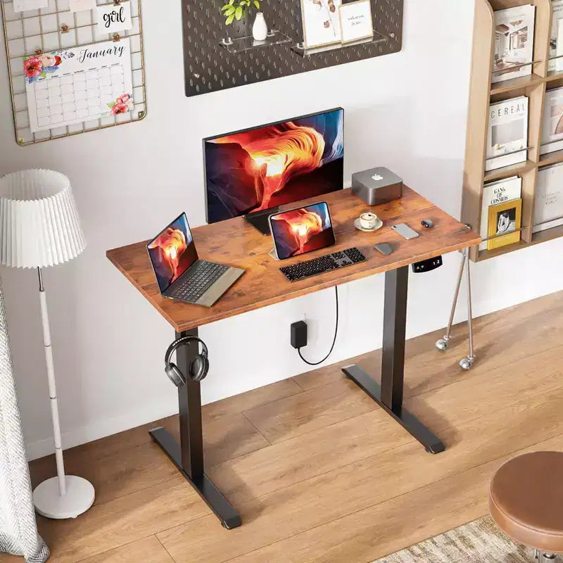 Qwatto 40 Inch Electric Standing Desk Adjustable Height Sit to Stand PC Desktop Workstation with Memory Presets Home Office Gaming Rustic Brown