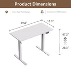 Bureau électrique assis-debout Qwatto 40 pouces, réglable en hauteur, motorisé, petit, pour ordinateur, maison, bureau, jeux, avec préréglages de mémoire, blanc