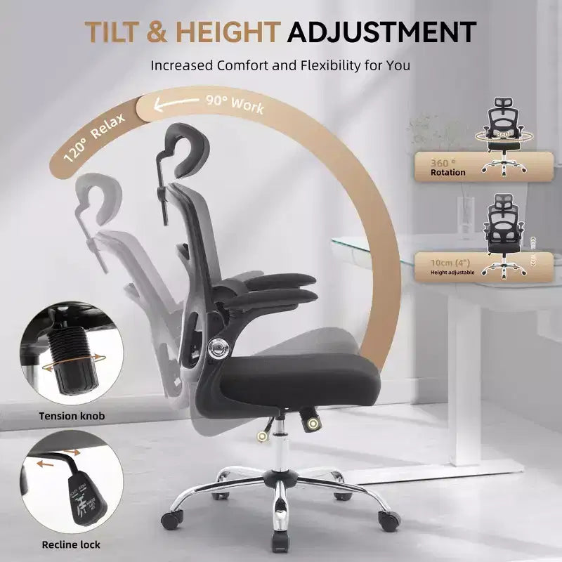 Chaise de Bureau Ergonomique à Dossier Haut en Maille, Appui-tête et Soutien Lombaire Réglables, Roulettes Pivotantes à 360°, pour la Maison, le Bureau