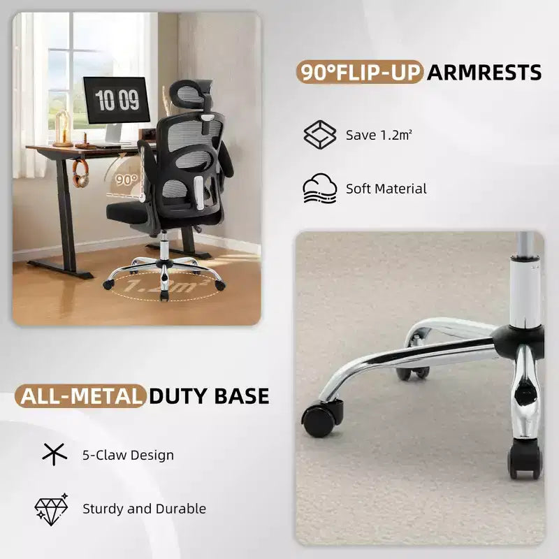 Chaise de Bureau Ergonomique à Dossier Haut en Maille, Appui-tête et Soutien Lombaire Réglables, Roulettes Pivotantes à 360°, pour la Maison, le Bureau