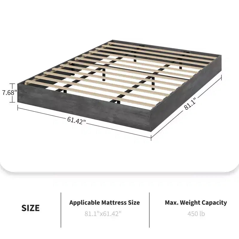 Cadre de lit plateforme Queen Size, cadre de lit en bois avec sommier à lattes en bois, aucun sommier tapissier requis, sans tête de lit, assemblage facile, gris